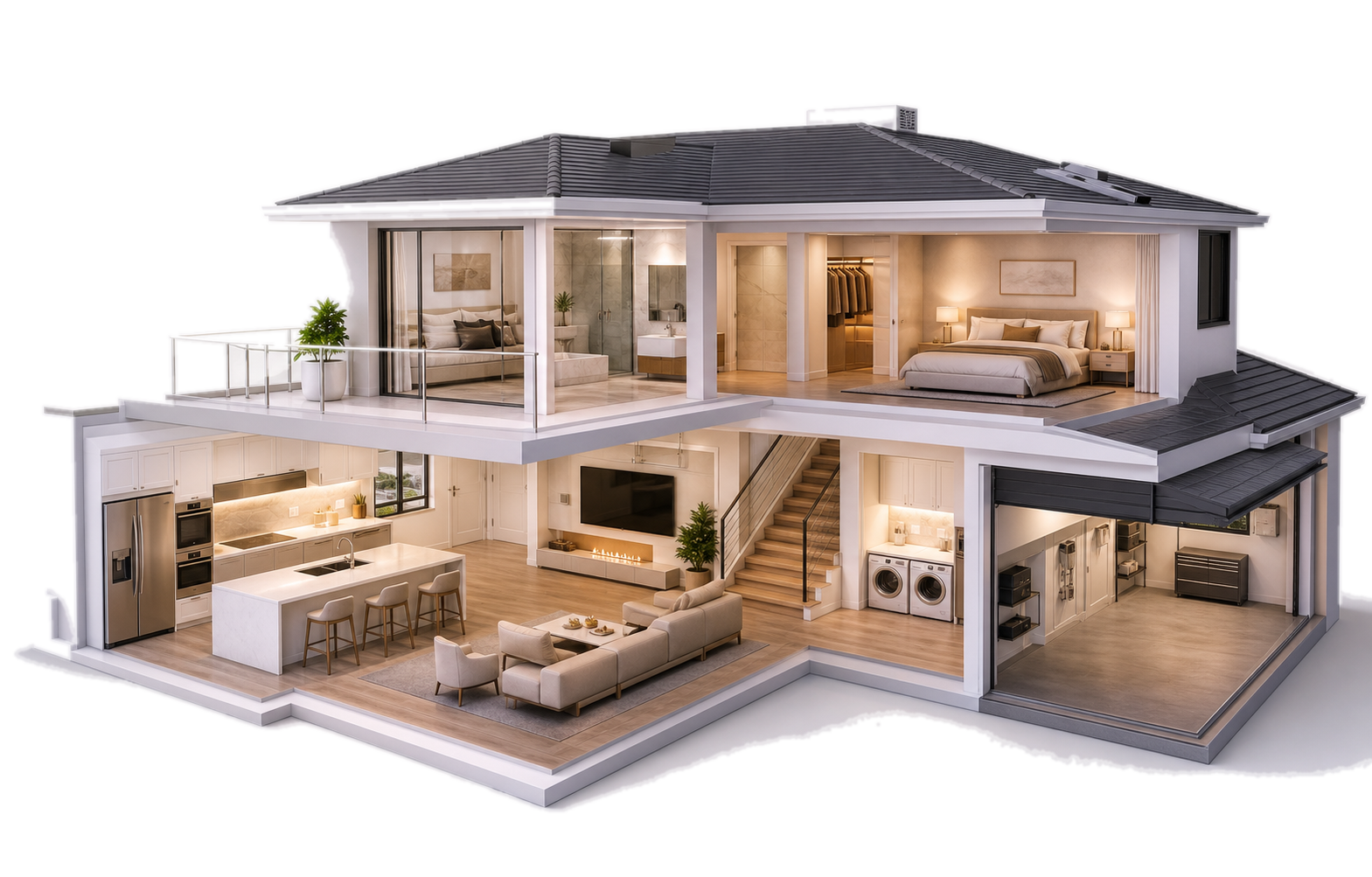Cutaway view of a modern luxury home with kitchen, living room, bathroom, bedroom, laundry, and garage visible